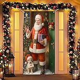 BlissYard Merry Christmas Door Cover 71x35 Inch Front Porch Door Banners Decoration Winter Santa Claus Puppy Golden Retriever Gift Tree for Sign Party Indoor Decor