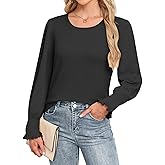 Kopinma Blouses for Women Casual Puff Long Sleeve Shirts Fall Crew Neck Knit Textured Tunic Tops with Smocked Cuffs