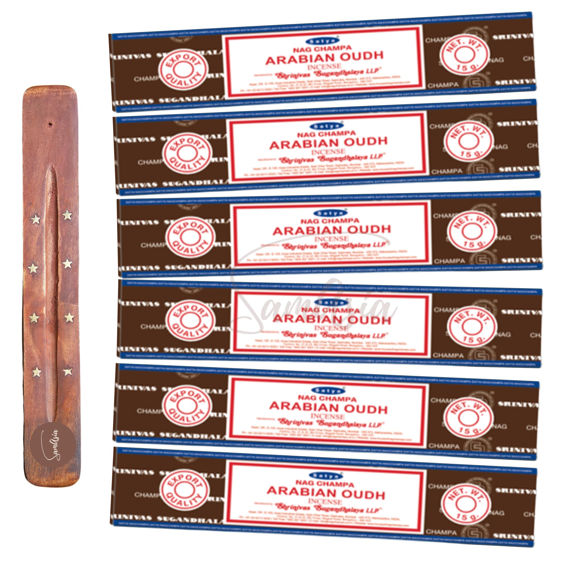 Satya Nag Champa Arabian Oodh Incense Sticks | x6 pack | with SAMASIA incense sticks holder | Used for Aromatherapy, Spa, Yoga, Weddings, Meditation, Healing, Positivity and Relaxation