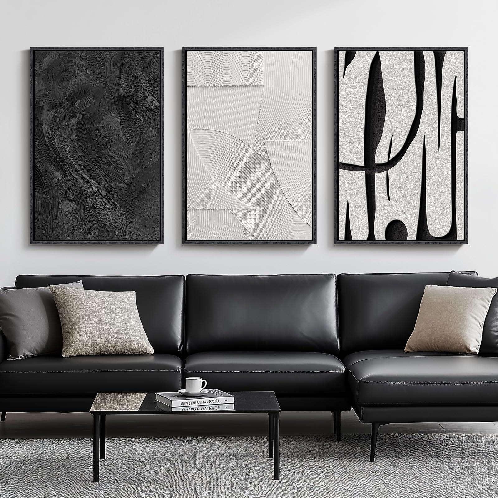 Photo 1 of Large Framed Black and White Abstract Wall Art for Living Room, 3 Piece Big Modern Canvas Prints Paintings Artwork for Walls, Minimalist Abstract Art Pictures for Hallway, Office Wall Decor 24x36 In