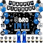 Vlipoeasn 11th Birthday Decorations Set for Boys Girls, 37PCS Black Blue 11 Year Old Birthday Backdrop Banner, Black Blue Bruh I'm 11 Party Supplies