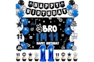 Vlipoeasn 11th Birthday Decorations Set for Boys Girls, 37PCS Black Blue 11 Year Old Birthday Backdrop Banner, Black Blue Bruh I'm 11 Party Supplies