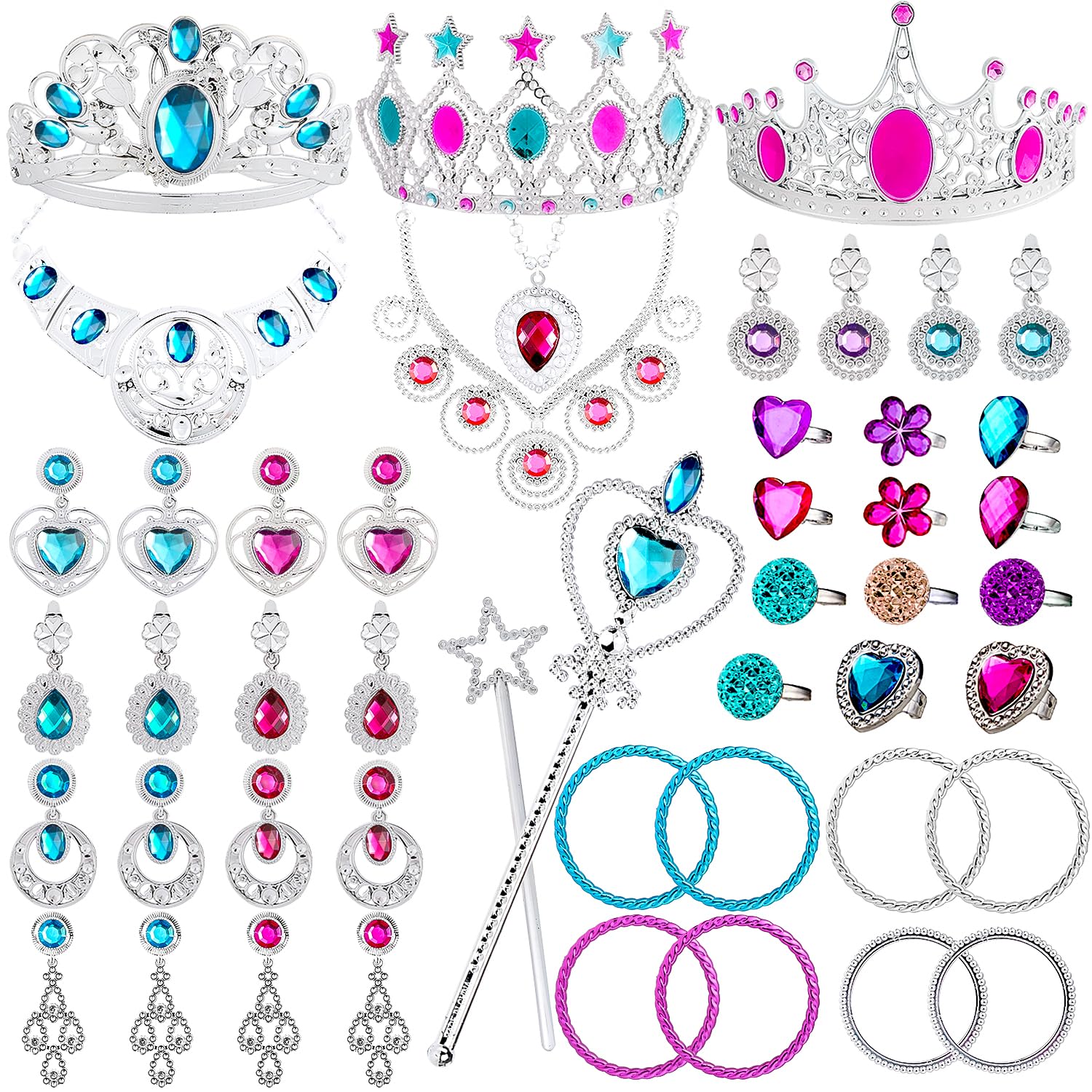 WATINC 46Pcs Princess Pretend Jewelry Toys, Girl’s Jewelry Dress Up Play Set Included Kids Crowns, Necklaces, Wands, Rings, Earrings Bracelets, Birthday Gifts Party Decoration Supplies, 46 Pac