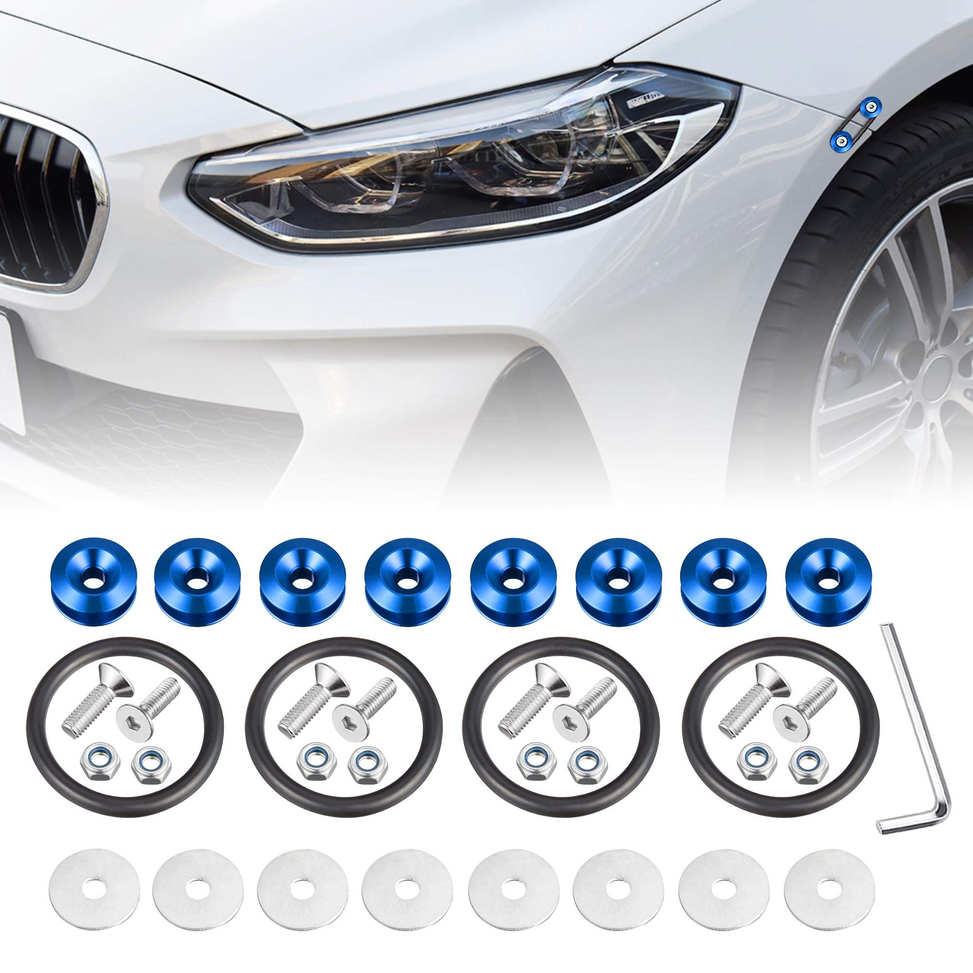 Enmoo 8 Pcs Car Front Rear Bumper Quick Release Fasteners Washers Universal Aluminum Fasteners Washers Bolts Kit for Car Bumpers Trunk Fender Hatch Lids (Blue)