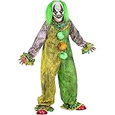 Adult Circus Clown Costume for Halloween - Green & Yellow Jumpsuit with Creepy Mask and Organza Ruffle Cuffs L/XL