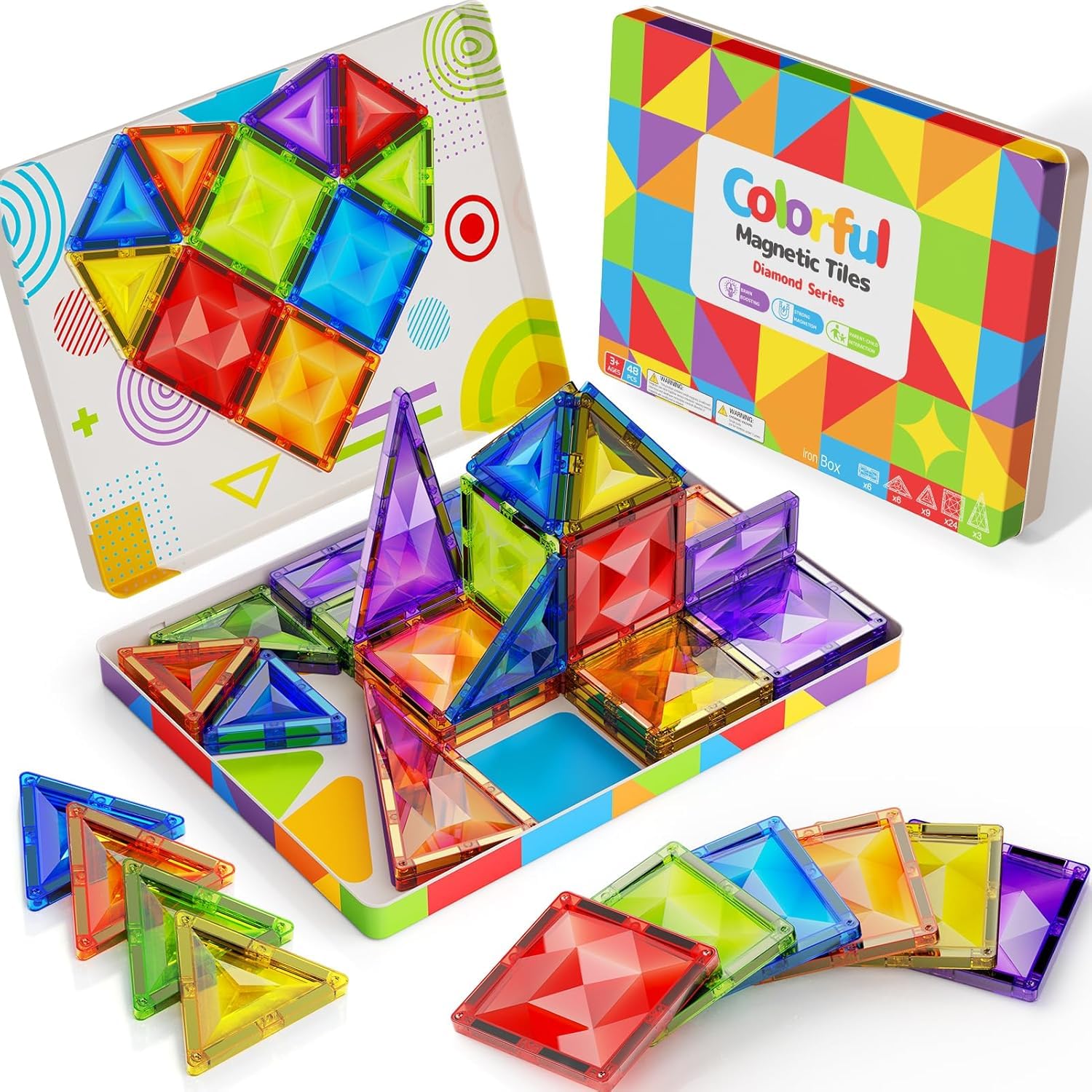 Magnetic Tiles Building Blocks, 48PCS 7.5CM Colorful Magnetic Blocks with Big Playboard Iron Box, STEM Construction Magnet Toys Christmas Birthday Gifts for Toddlers Kids Aged 3 4 5 6 7 8 Year Old