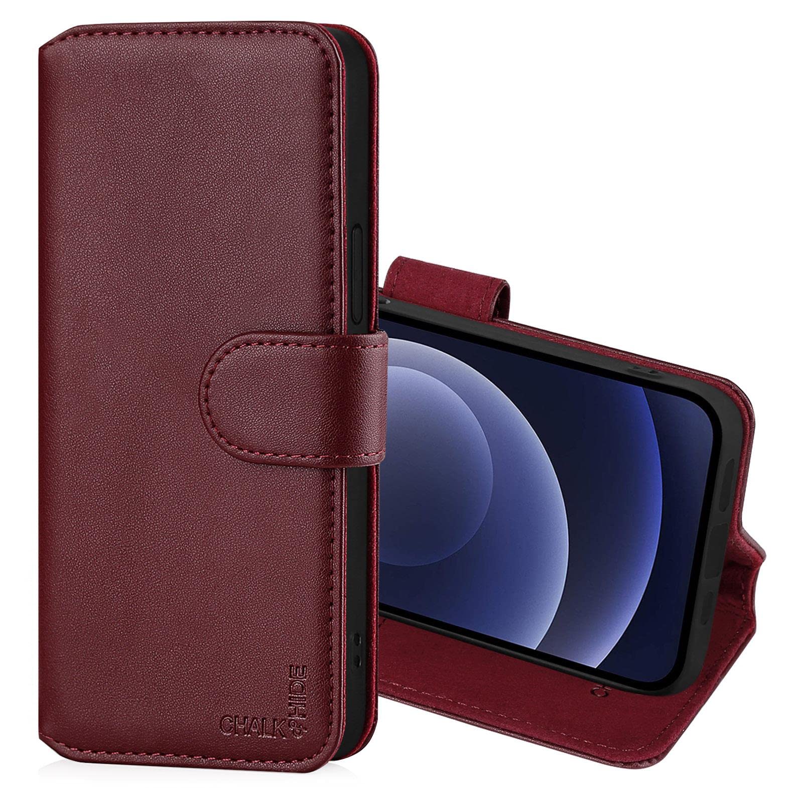 CHALK & HIDE - Real Leather Book Wallet Flip Case Cover For Apple iPhone 12 (6.1") / Apple iPhone 12 Pro (6.1"), Real Leather Design With Card Slot, Magnetic Closure and Built In Stand - Burgundy