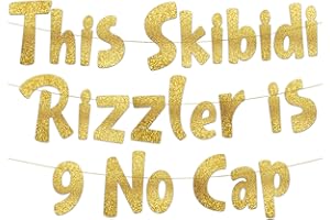 STERLING JAMES CO. This Skibidi Rizzler is 9 No Cap Gold Glitter Banner - 9th Birthday Party Supplies, Ideas, Gifts and Decorations
