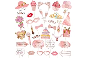 LMSHOWOWO 33PCS Rose Gold Real Glitter Birthday Photo Booth Props, Funny Party Photobooth Selfie Props for Girls Women Birthd