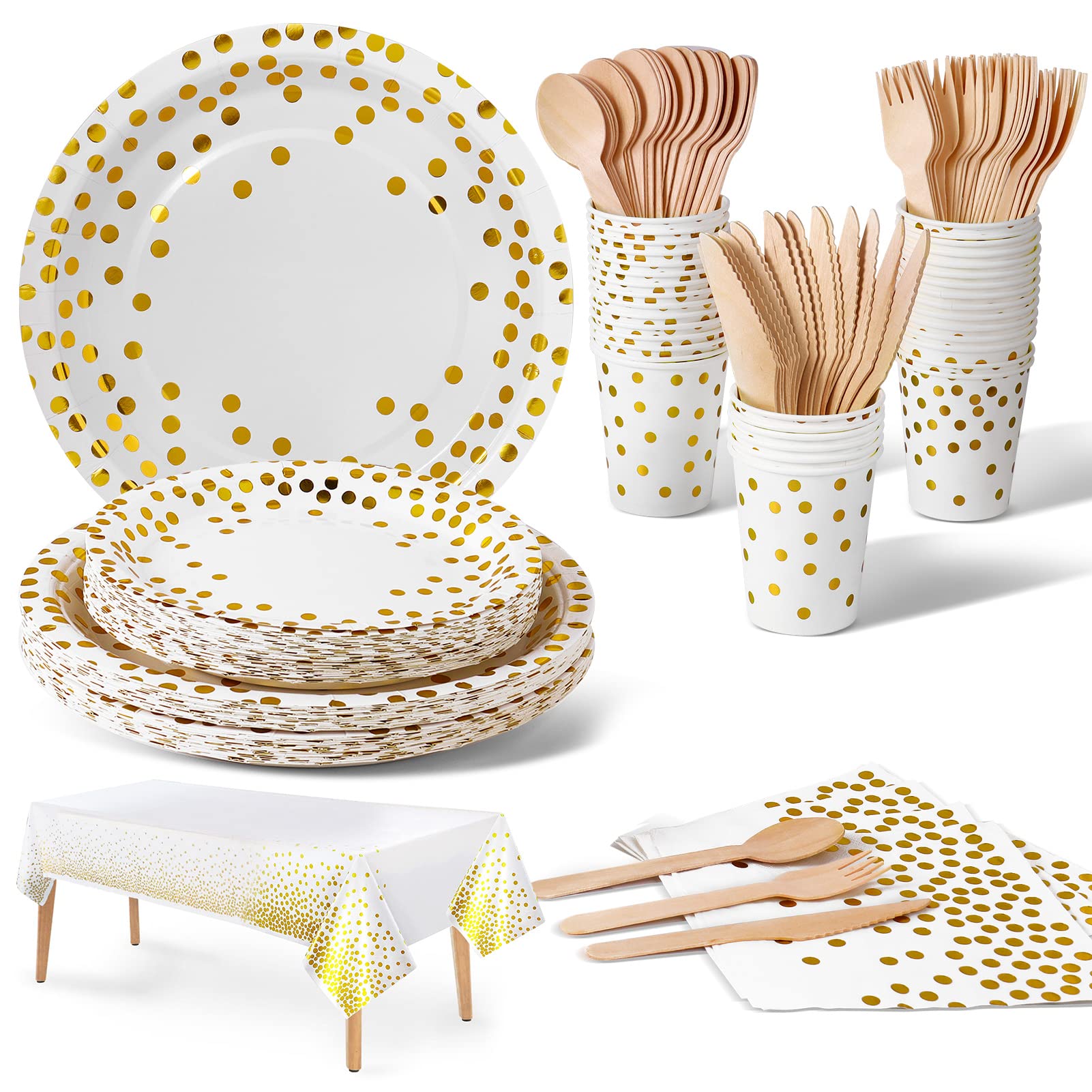Nkaiso Party Tableware White Gold 141 Pieces Paper Tableware Set Includes Paper Plates Napkins Paper Cups Tableware, for Wedding Shower, Engagement, Wedding, Birthday (20 Guests)