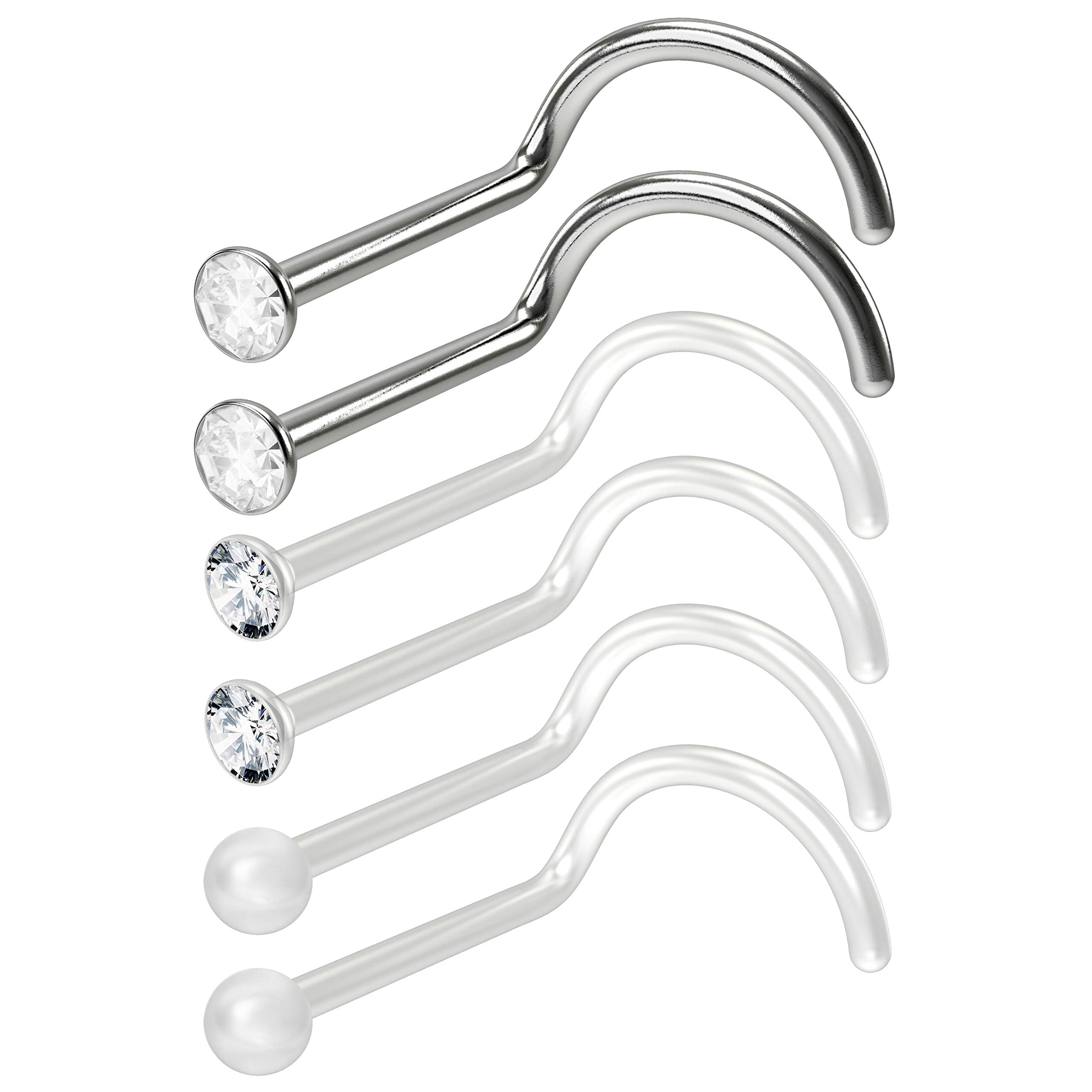 Evonix 6pc 0.8mm 20g 0.8mm Small Nose Scew Rings Bioflex & 316LVM Surgical Steel Studs 2.5mm CZ Cubic Zirconia Clear Invisible Retainer Keeper