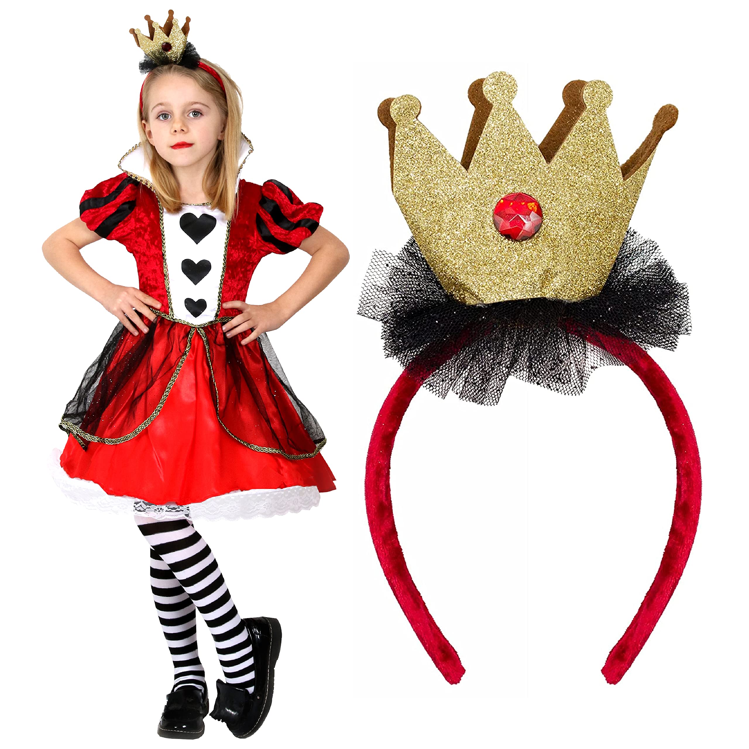 Girls Heart Queen Costume - X-Large - Red Dress with Heart Detailing and Gold Crown on Headband - Kids World Book Day Book Week Fancy Dress Costume