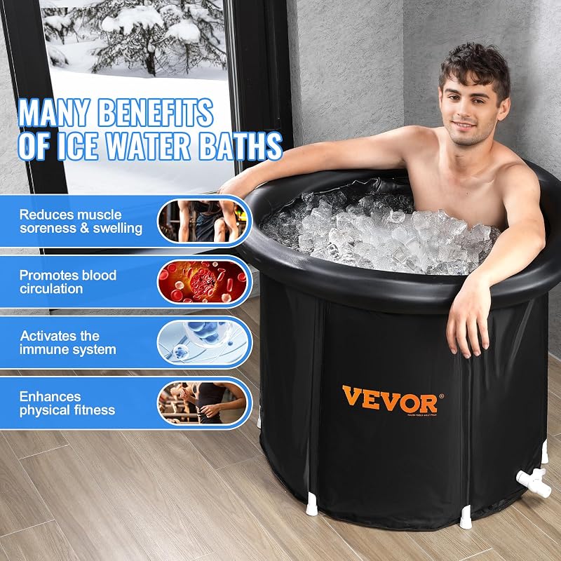 VEVOR 850 x 750 mm Banheira de Gelo para Terapia de Água Fria para Atletas, Piscina de Imersão Exterior Portátil com Barril de Gelo para Recuperação, 330 L com Cobertura, Preto — foto 6 de 8