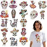 Shejdgart 20 Pcs Dia De Los Muertos Iron on Patches for T-Shirts 7x7 Inch | Day of The Dead Dtf Transfers Ready to Press, Cat Iron on Transfers, Heat Transfer Vinyl Decals for Clothes Bag DIY Fabric