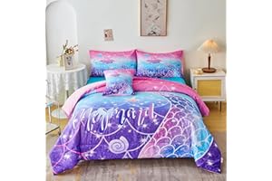 URBONUR 6Pcs Twin Bedding Set for Girls Gradient Purple Blue Mermaid Printed Comforter Set for Twin Bed, Teen Girls Comforter with Sheet Set - Bed in a Bag, Soft and Easy Care Bed Set