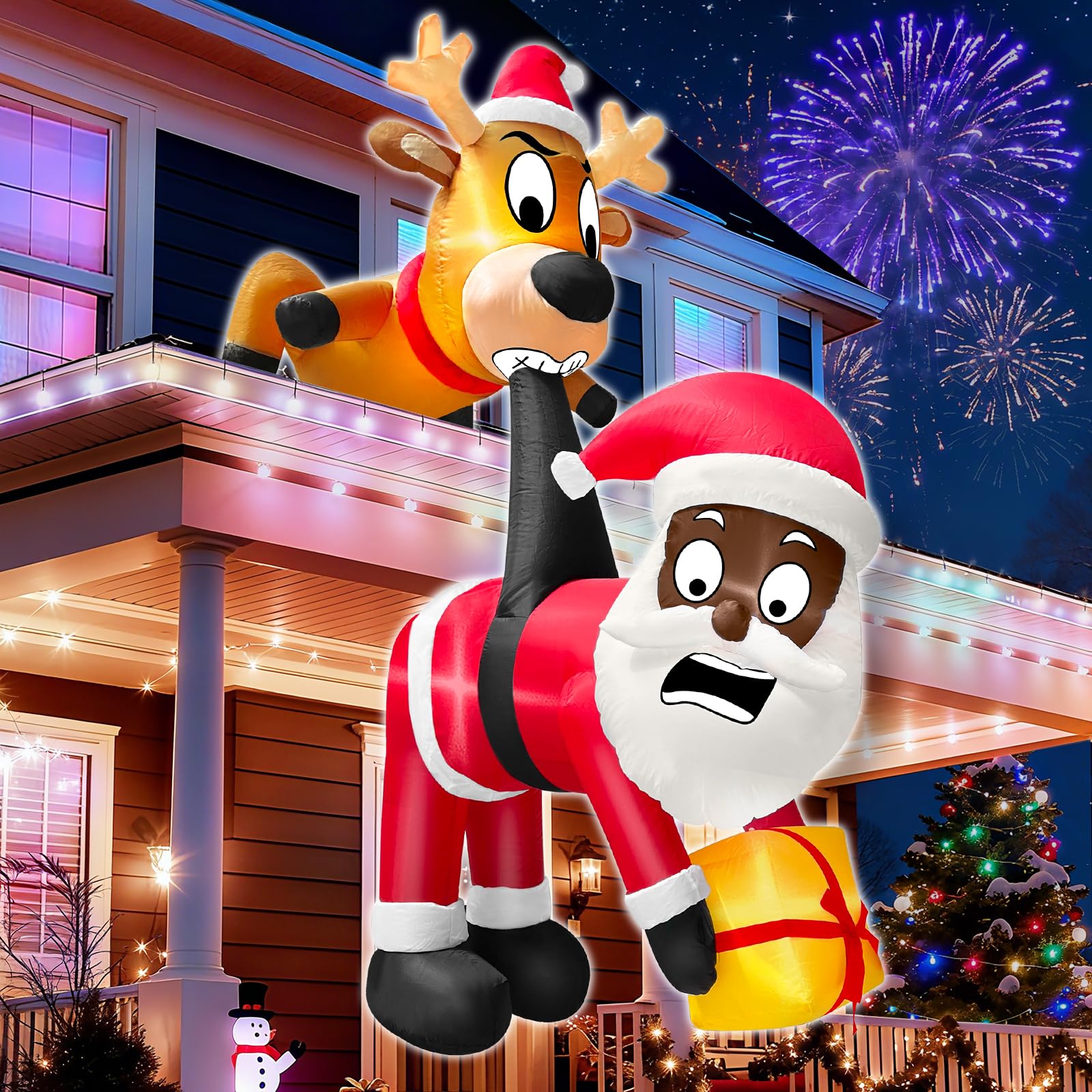 Photo 1 of 6 Ft Christmas Inflatable Reindeer & Climbing Black Santa Claus, Funny Hanging Outdoor Decoration with Built-in LED Light, Christmas Blow Up Yard Decor for Beam Roof Tree Indoor Home Party Lawn Decor