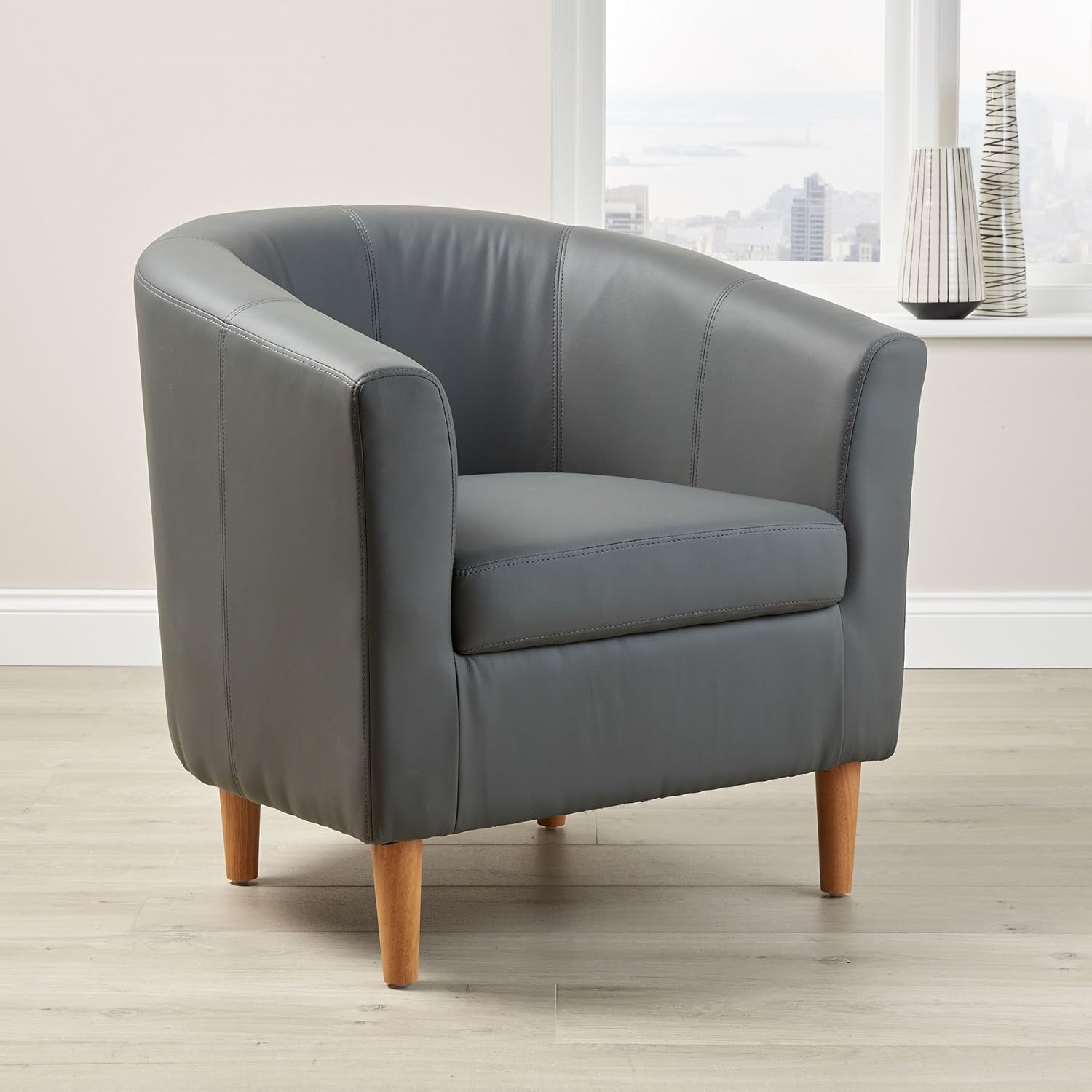 Home Source Extra Large Grey Faux Leather Tub Chair Wooden Legs