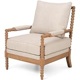 Farmhouse Accent Chair with Solid Rubberwood Frame, Upholstered Armchair with Thick Cushion, Bobbin Turned Wood Arms, Padded Armrests, Reading Chair for Living Room Bedroom, Beige/Natural Wood