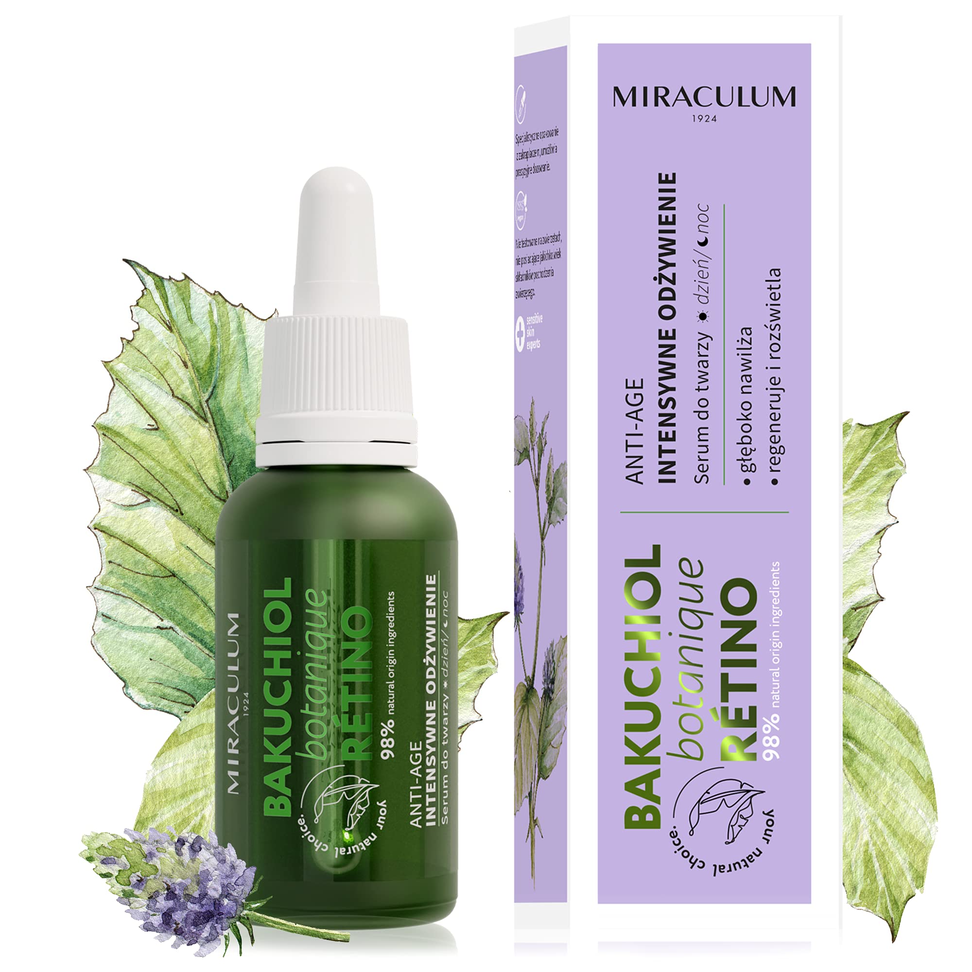 MIRACULUM 1924 Bakuchiol Anti-Aging Regenerating Day and Night Face Serum – Moisturising Face Serum with Vitamin C– Botanic Retinol - 4D Hyaluronic Acid Face Serum – Vegan Natural Face Serum - 30 ml,Transparent