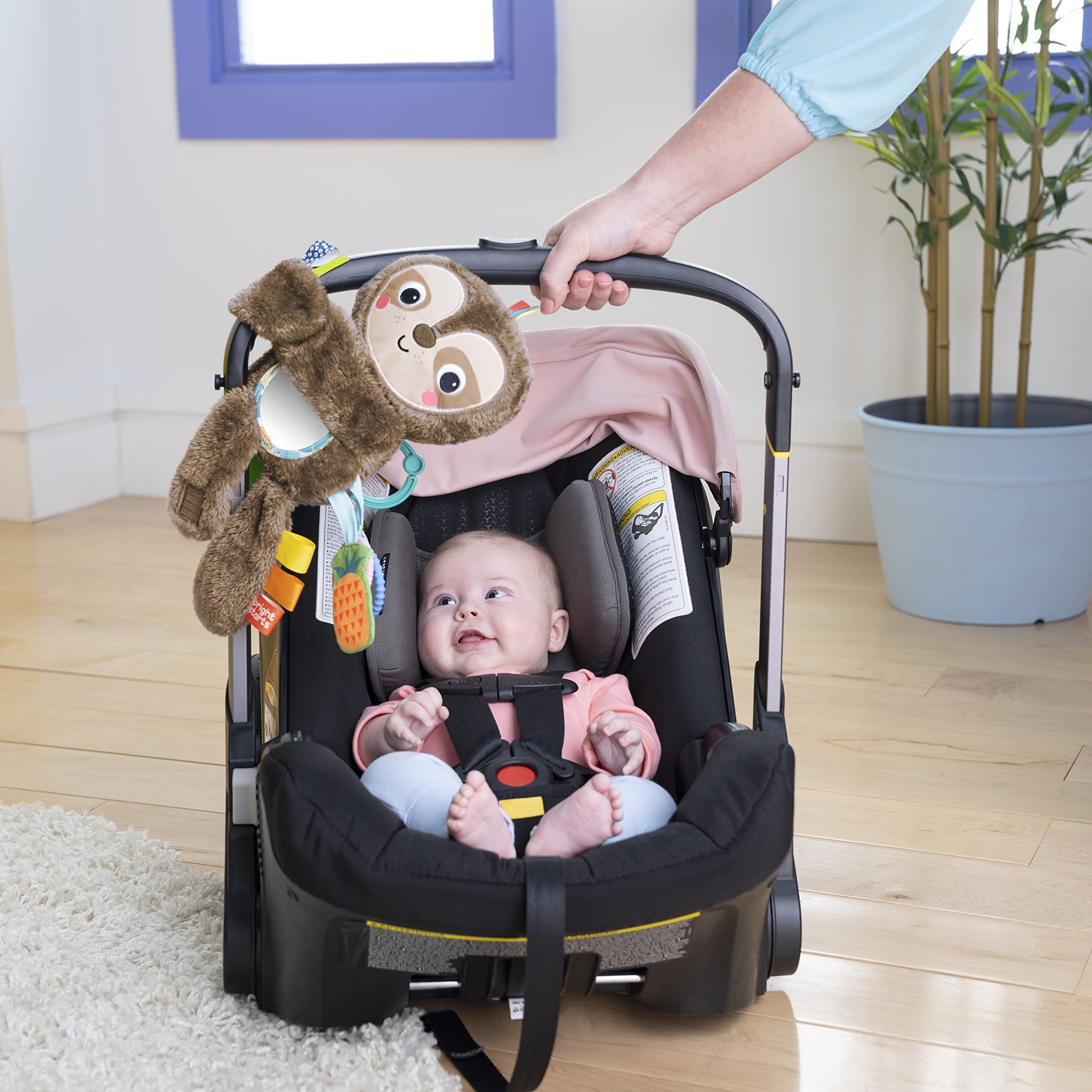 Bright Starts Slingin’ Sloth Travel Buddy Plush Stuffed Animal Take-Along Stroller or Carrier Toy, Ages 0 Month+