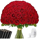 Waipfaru Red Roses Artificial Flowers Bulk, Real Touch Velvet Roses with Wrapping Paper, 50 Pcs Fake Flowers for Wedding Centerpieces Bridal Bouquet Valentines Mothers Day Decor