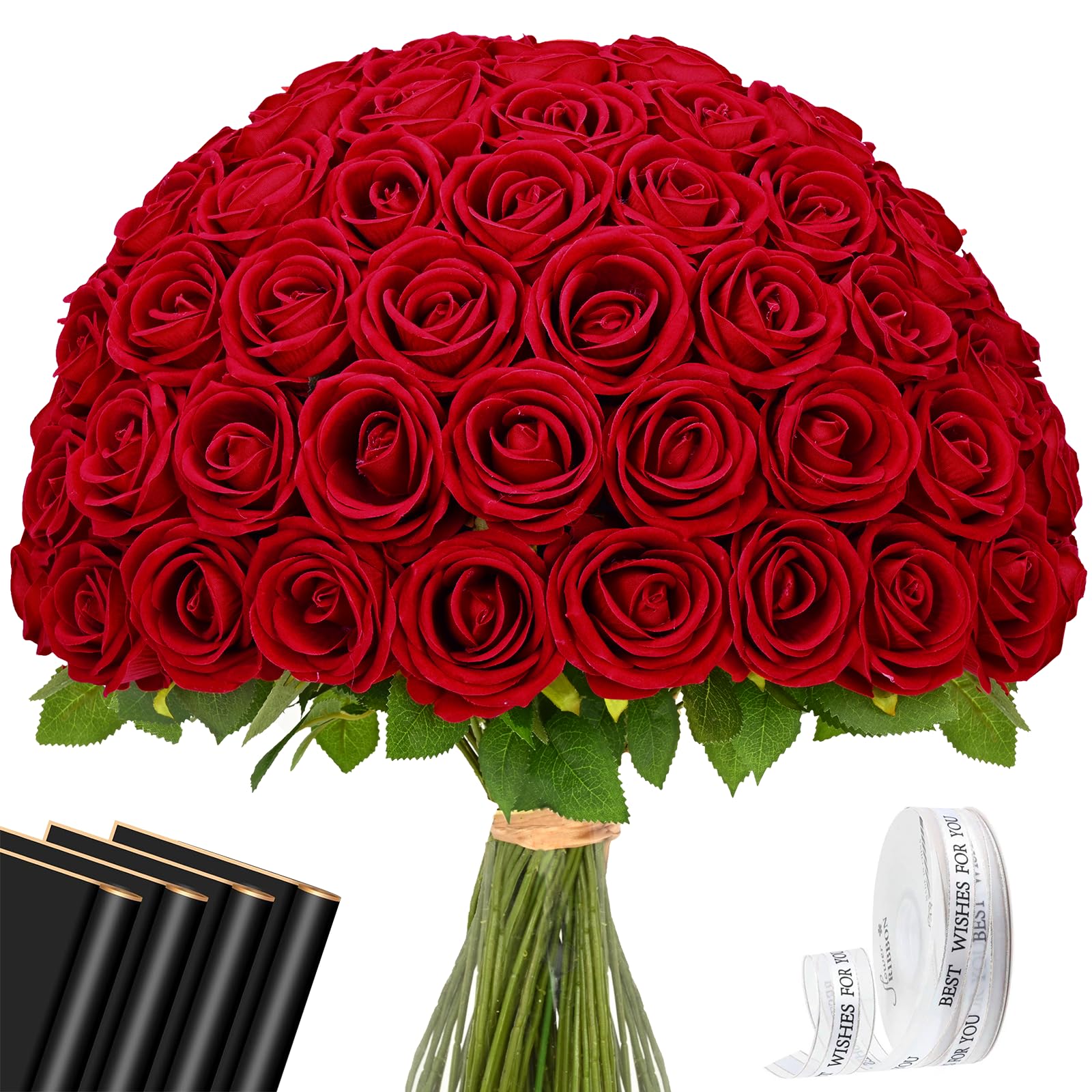 Photo 1 of Waipfaru Red Roses Artificial Flowers Bulk, Real Touch Velvet Roses with Wrapping Paper, 50 Pcs Fake Flowers for Wedding Centerpieces Bridal Bouquet Valentines Mothers Day Decor