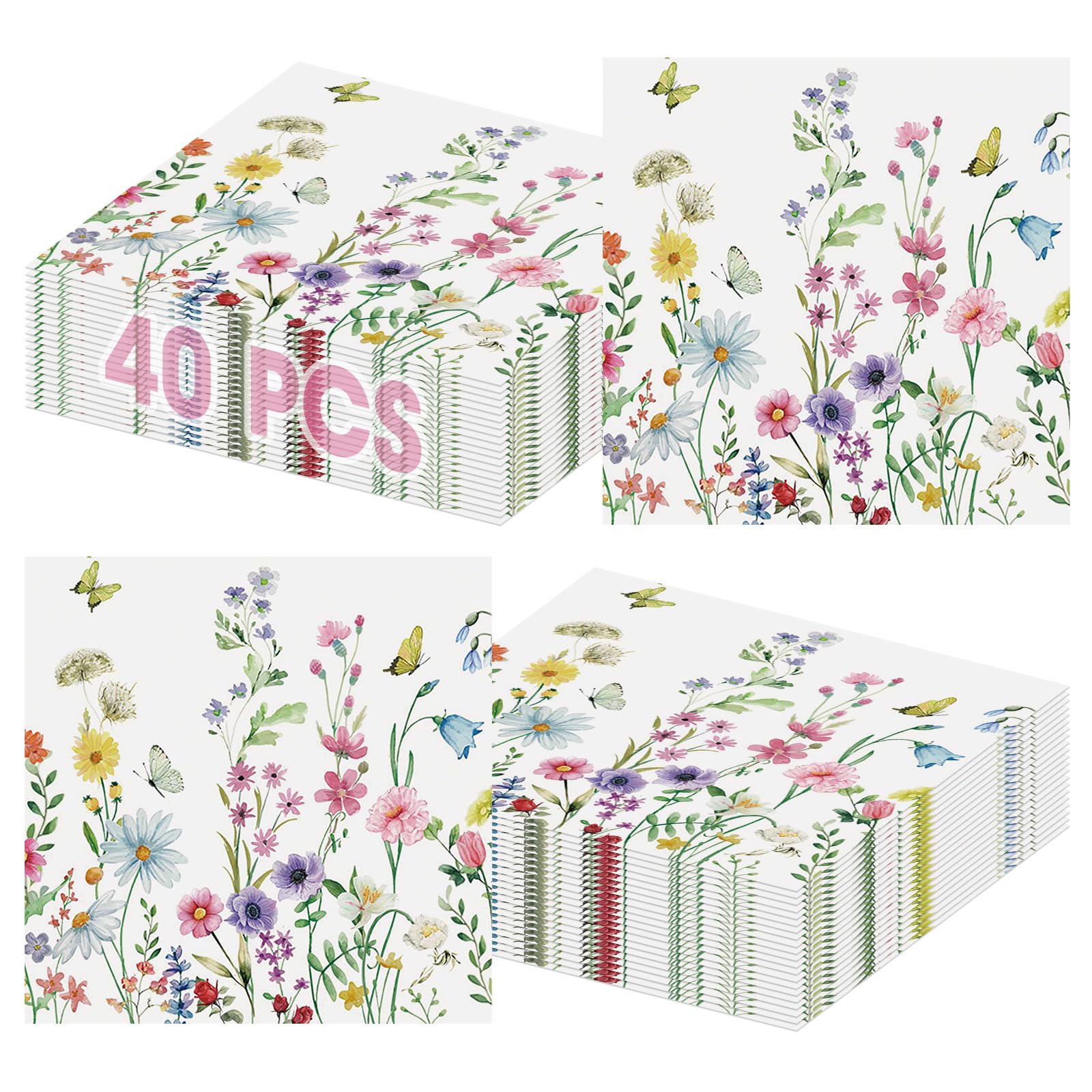 40 Pcs Spring Floral Napkins 13 x 13 Inches - Wildflower Butterfly Party Napkin, 3-Ply Flower Cocktail Disposable Paper Napkins Hand Towles Set for Easter Birthday Weeding Tea Party Supplies Decor