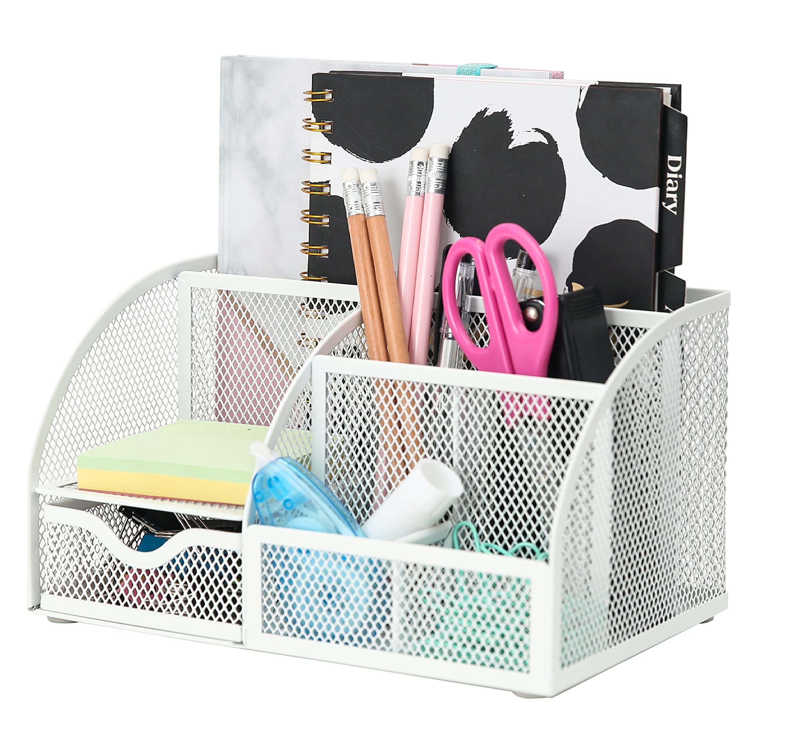 EXERZ Desk Organiser/Mesh Desk Tidy Caddy/Pencil Holder Multifunctional with 7 Compartments– White — image 1