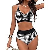 Blooming Jelly Womens High Waisted Bikini Sets Striped Tummy Control Swimsuits Color Block Two Piece Bathing Suit