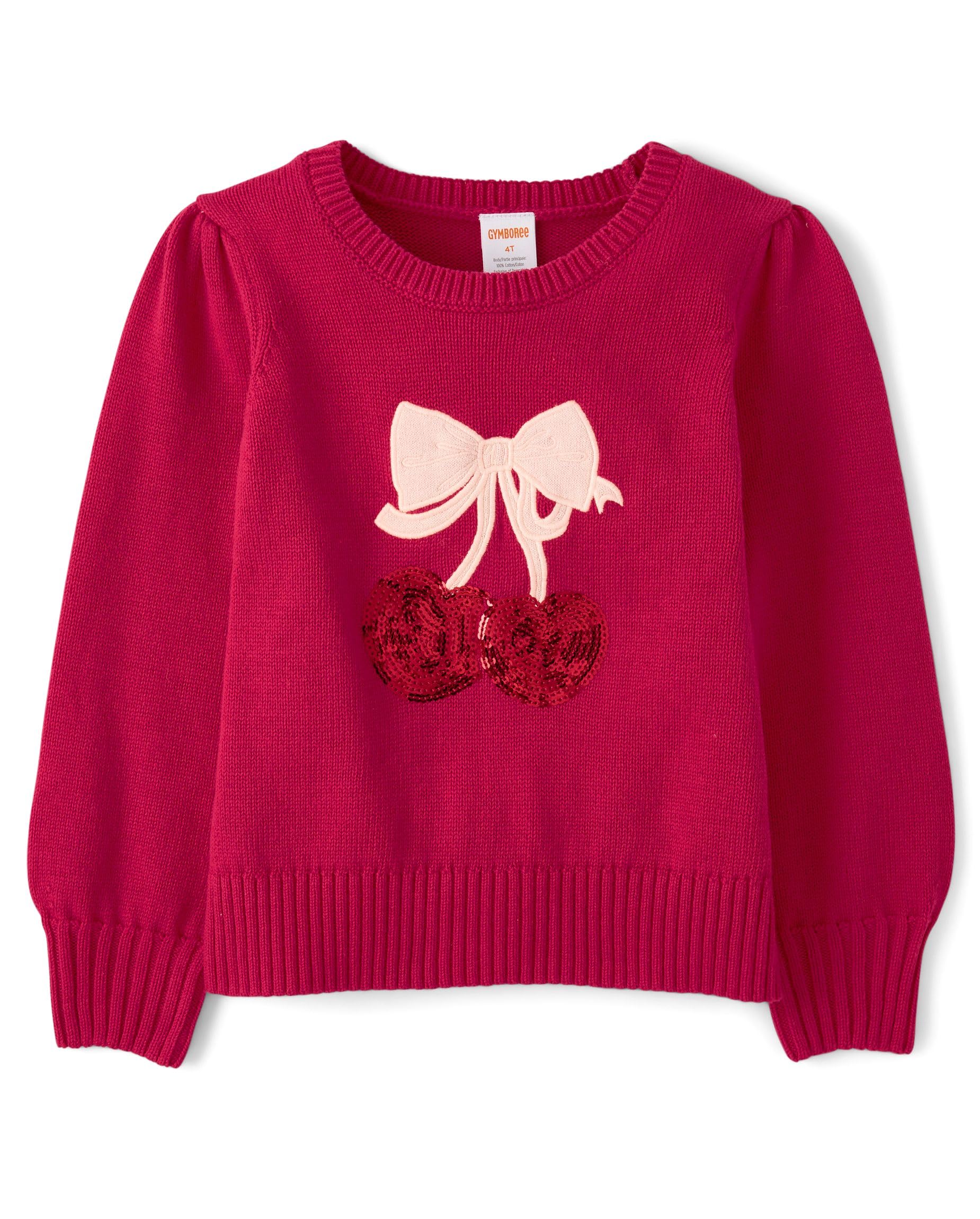 Gymboree,Girls,and Toddler Long Sleeve Embroidered Crew Neck Pullover Sweater,Cherry Fizz Sequin,7 Image
