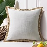 Phantoscope Farmhouse Solid Throw Decorative Pillow Cover Burlap Linen Trimmed Tailored Edges Outdoor Pillow Flax Gray 1 Pack 18 x 18 inches, 45 x 45 cm
