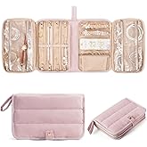 Marscamd Travel Jewelry Case Organizer with Zipper, Foldable Jewelry Bag for Earrings, Rings, Necklaces, Bracelets, Brooches, Pink