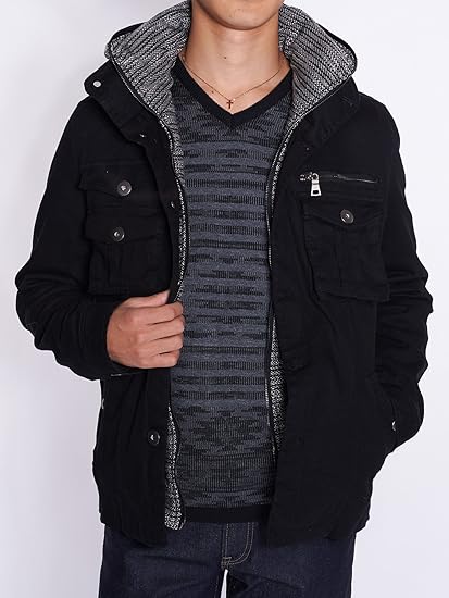 Amazon ブラック Ll ブルゾン メンズ ミリタリー ジャケット パーカー デニム Intheattic メンズ ブルゾン フード 2way 多ポケット アウター 防寒 動きやすい ストレッチ フード着脱 カラー 藍色 インディゴ カーキ 緑 ブラック 黒 コート ジャケット 通販