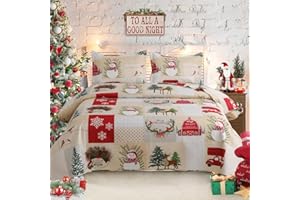HAILEA Christmas Quilt Set King Size Xmas Red Beige Plaid Snowman Christmas Car Quilts Lightweight Reversible Bedspread Coverlet Xmas Tree Snowflake Elk Bedding Set Gift for Kids Adults