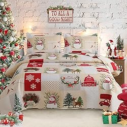 Christmas Quilt Set Twin Size Xmas Red Beige Plaid