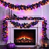 Timer - 6 Ft Halloween Garland with Lights and Black Roses Halloween Decor | 20 LED Purple & Orange Lights Artificial Black Garland for Halloween Decorations Indoor Outdoor Table Fireplace Home