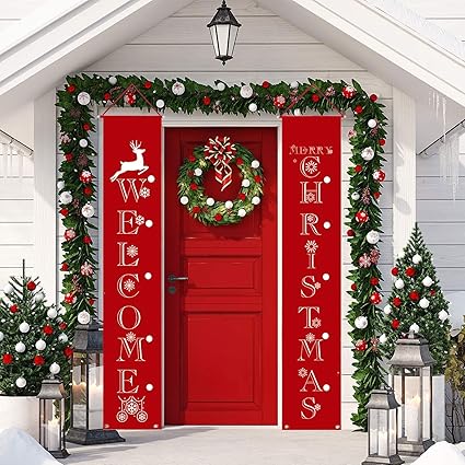 Listenman Welcome Merry Christmas Door Banners Front Door Christmas Decorations Red Christmas Porch Sign Hanging Banner For Holiday Indoor Outdoor