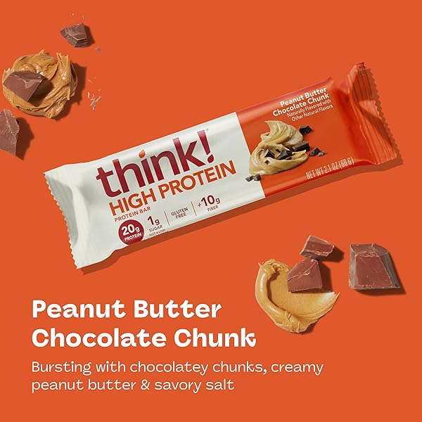 THINK! PROTEIN BARS, HIGH PROTEIN SNACKS, GLUTEN FREE, HIGH FIBER, PEANUT BUTTER CHOCOLATE CHUNK, 10 COUNT