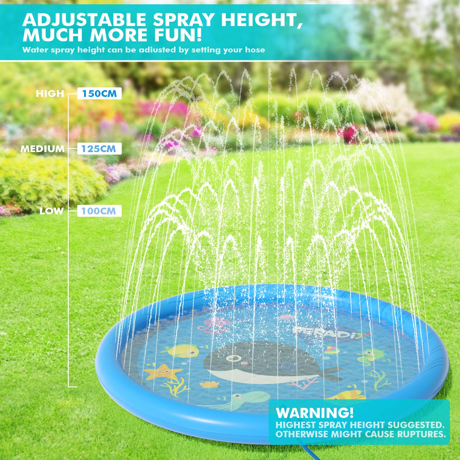 Peradix Splash Play Mat，Splash Pad,170CM Tapete de Aprendizaje para Juego Agua de Salpicaduras y PVC Salpica Almohadilla para Niños para Jardín de Verano Juguetes Acuático