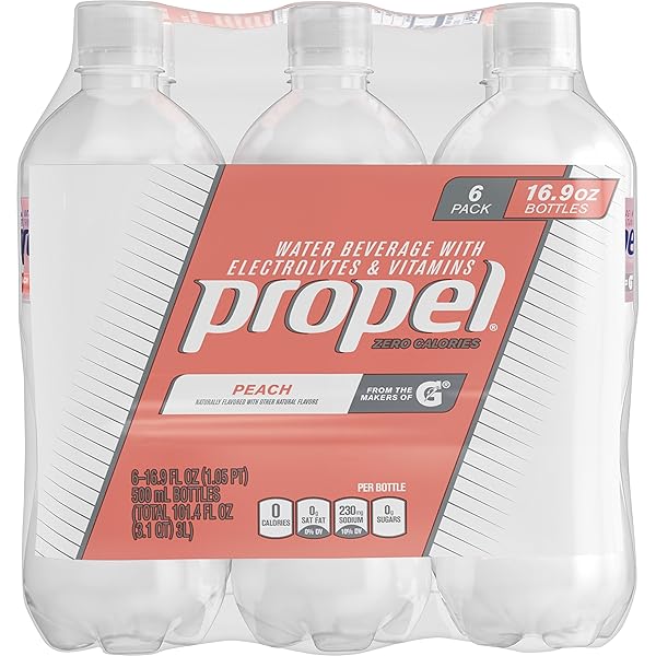 PROPEL, PEACH, ZERO CALORIE SPORTS DRINKING WATER WITH ANTIOXIDANT VITAMINS C & E, 16.9 OUNCE BOTTLES, 6 COUNT