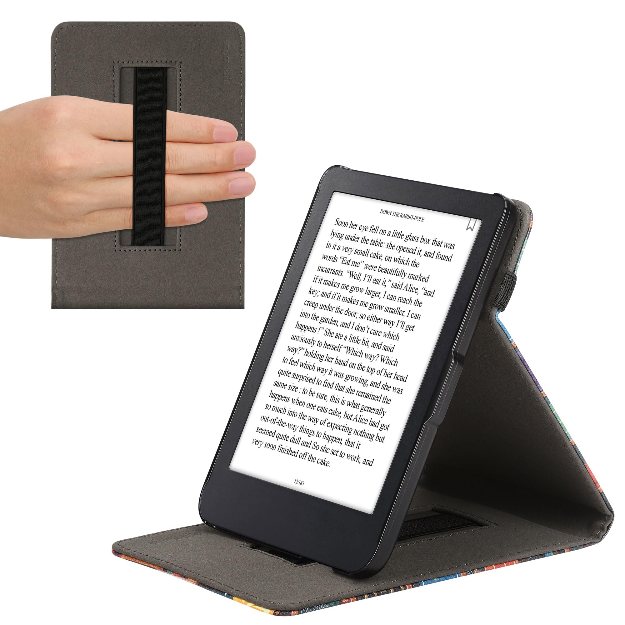 kwmobile Cover Compatible with Kobo Clara 2E / Tolino Shine 4 Case - Stand + Strap - Library Motto Multicolor