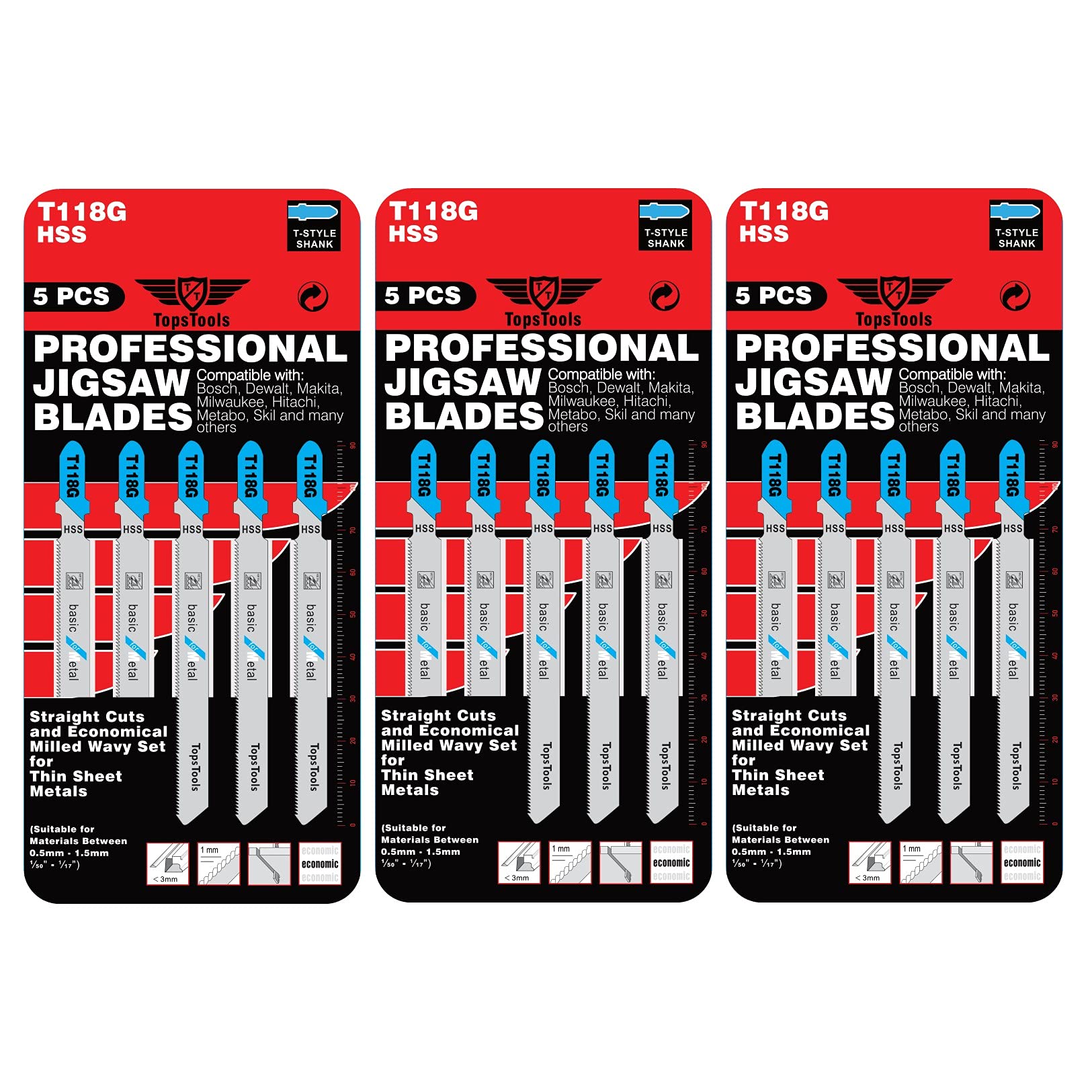 15 x TopsTools T118G 91mm Jigsaw Blades Designed for Metals