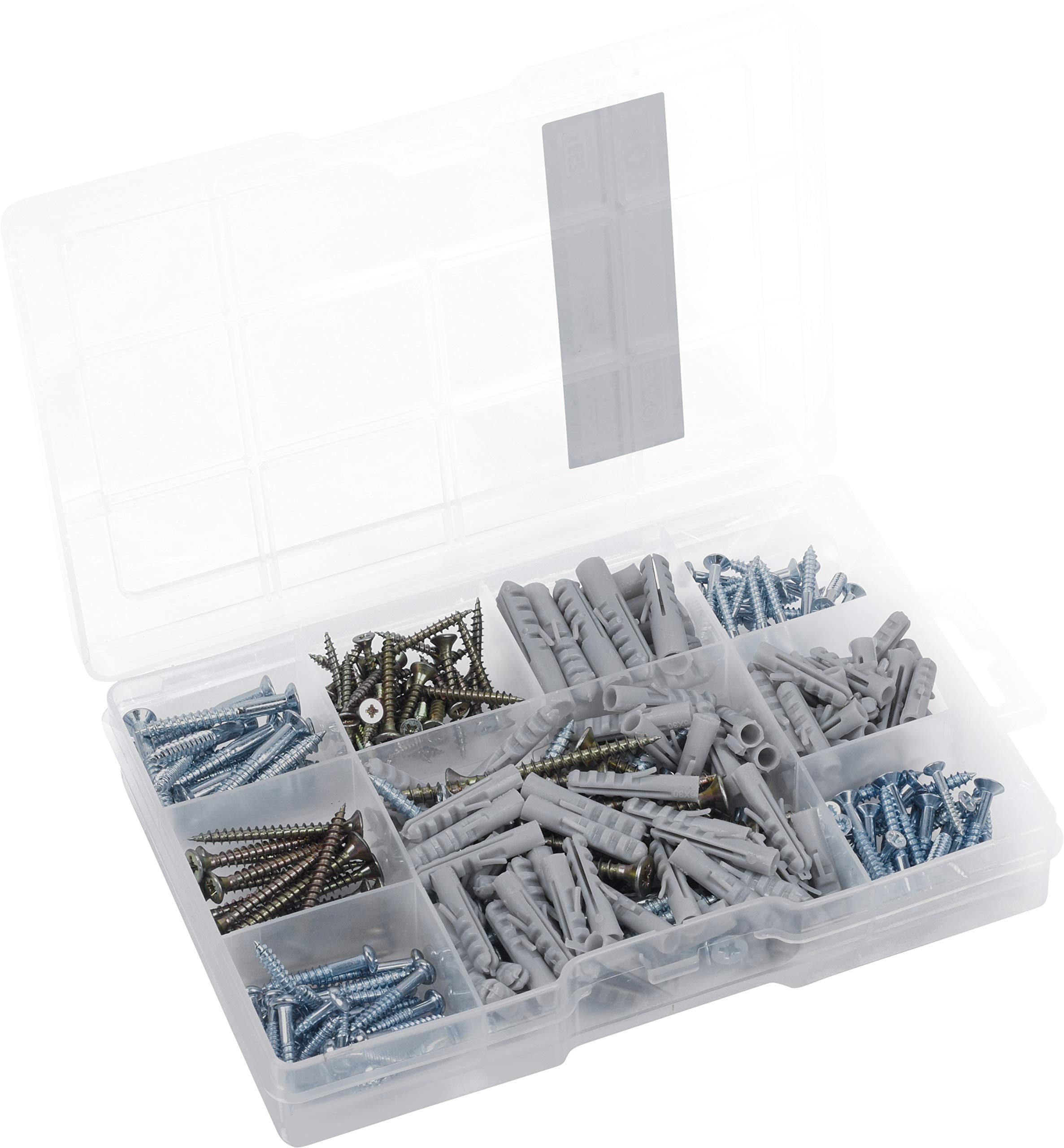 Connex DP8500108 Screw and Dowel Assortment Set 259 Pieces – Universal and Wood Screws in Set – Pozidriv Drive – Galvanised/Screw Set with Dowels/Assortment Box