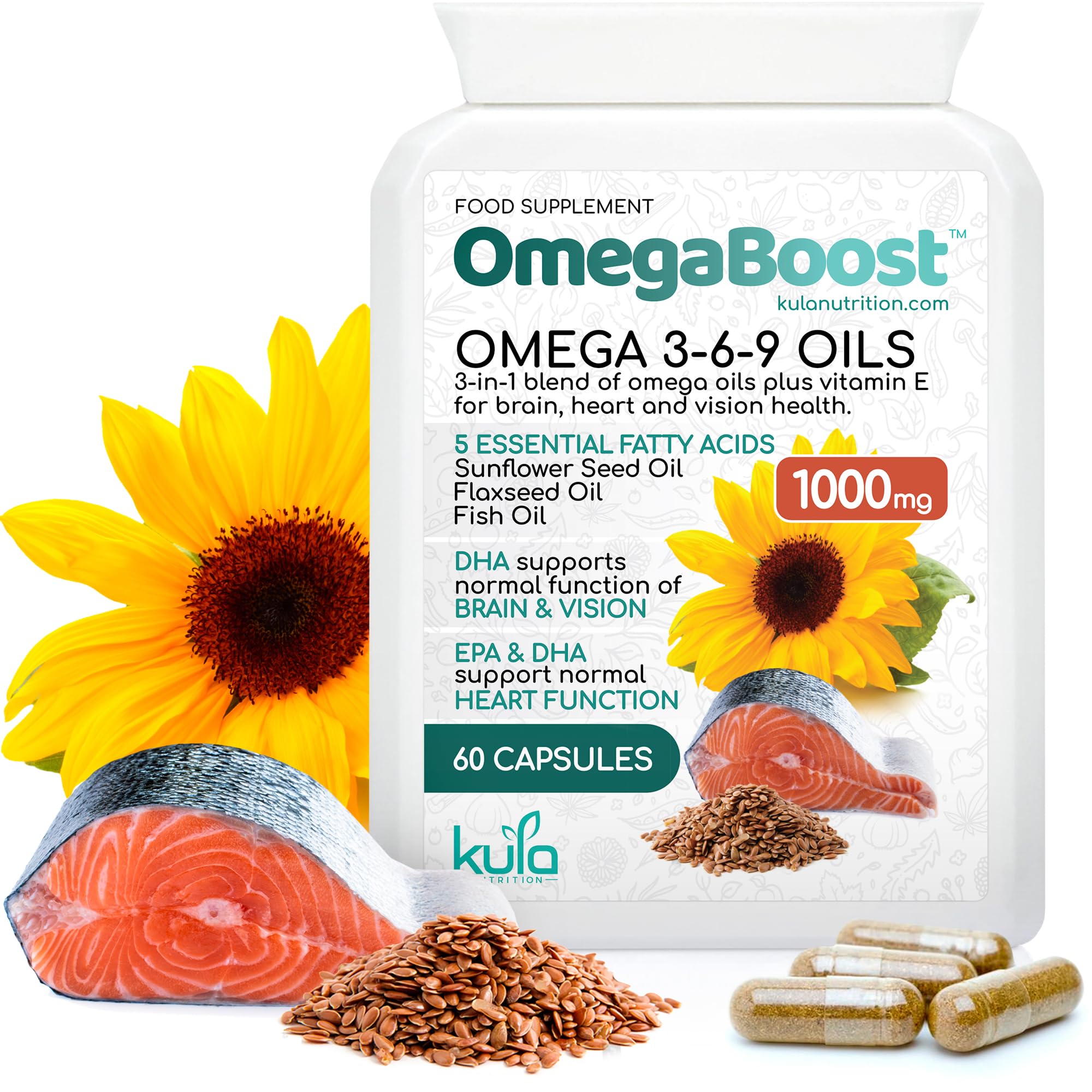 OmegaBoost - Triple Omega 369 Oil Capsules - Maximum Strength 1000mg - Premium High Strength Fish Oil, Cold Pressed Flax Seed and Sunflower Seed Oil Essential Fatty Acids Plus Vitamin E - 60 Softgels