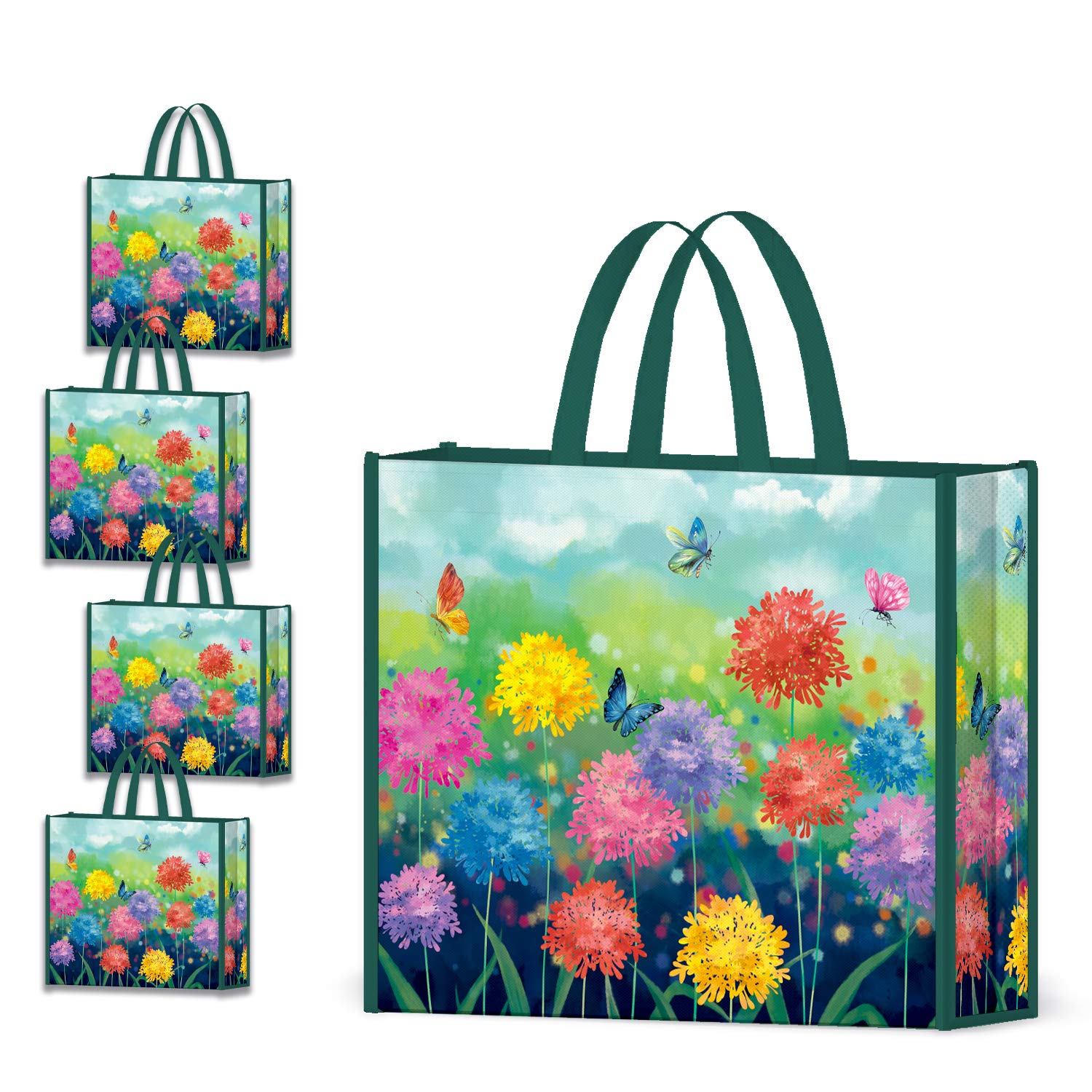 NymphFable 4 Pack Tote Bag Reusable Butterflies Flowers Shopping Bags Washable Foldable Large Grocery Bags