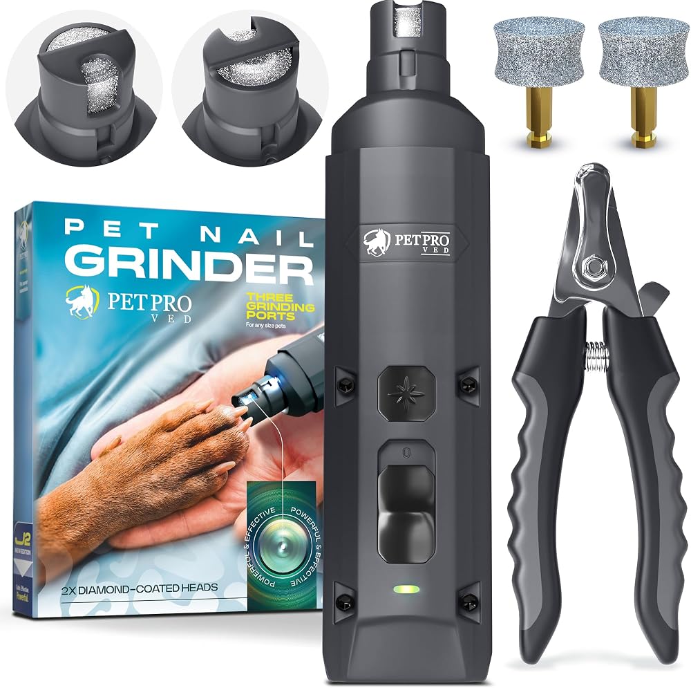 PETPROVED Dog Nail Grinder Silent Cordless 2 Heads 3 Ports LED Lights