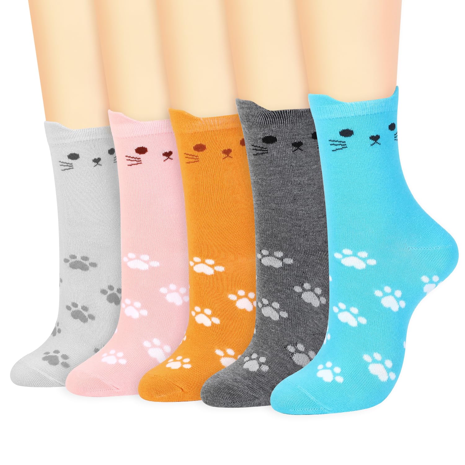 Vinsani 5 Pairs Cute Animal Print Socks Fun Colorful Cotton Socks | One Size Fits All Soft Breathable Comfortable Everyday School Casual Wear Size 4-7 Over-ankle (UK, Age, One Size, Regular, Cat Paws)