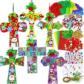 Winlyn 24 Sets Christmas Craft Kits DIY Christmas Cross Ornaments Decorations Art Sets Snowman Snowflake Christmas Foam Stickers Arts and Crafts for Kids Party Classroom Sunday School VBS Activities