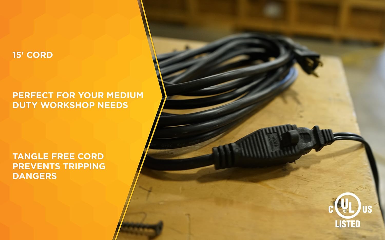 Woods 990261 16/3 SJTW 15-Foot General Purpose Black Extension, Tangle Free Medium Duty Garage and Workshop Power Cord - - 