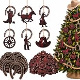 48 Pcs Western Christmas Horseshoe Ornament Rustic Wood Tree Cowboy Decor | Vintage Christmas Tree Decorations Bulk, Wood Cowboy Western Hanging Ornaments, with Rope, Xmas Party Decorations